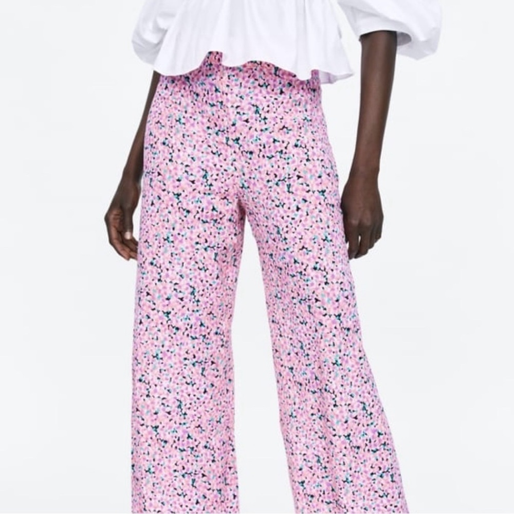 ZARA Floral Print Flared Pants Pink Sz M